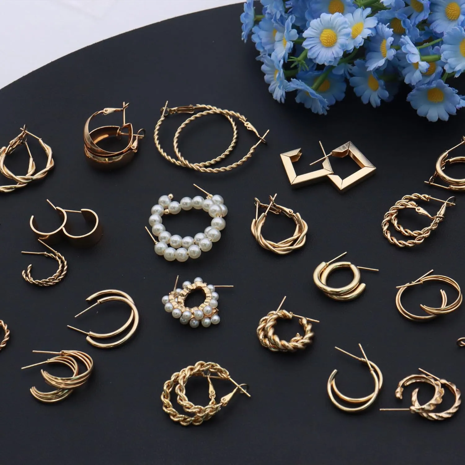 24 Pairs 14K Gold Hoop Earrings Set for Women.Hypoallergenic Statement Earring Multipack Pearl Chunky Chain Twisted Hoop Earrings Pack