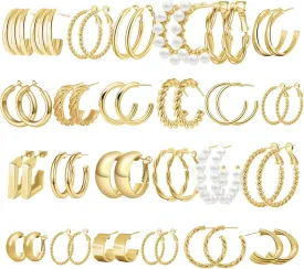 24 Pairs 14K Gold Hoop Earrings Set for Women.Hypoallergenic Statement Earring Multipack Pearl Chunky Chain Twisted Hoop Earrings Pack