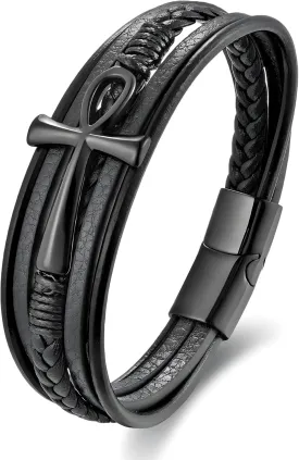 Ankh Cross Leather Bracelet for Men, Multi-Layer Braided Mens Cuff Bracelets with Stainless Steel Clasp Religious Anniversary Father's Day Birthday Christmas Jewelry Gifts for Him
