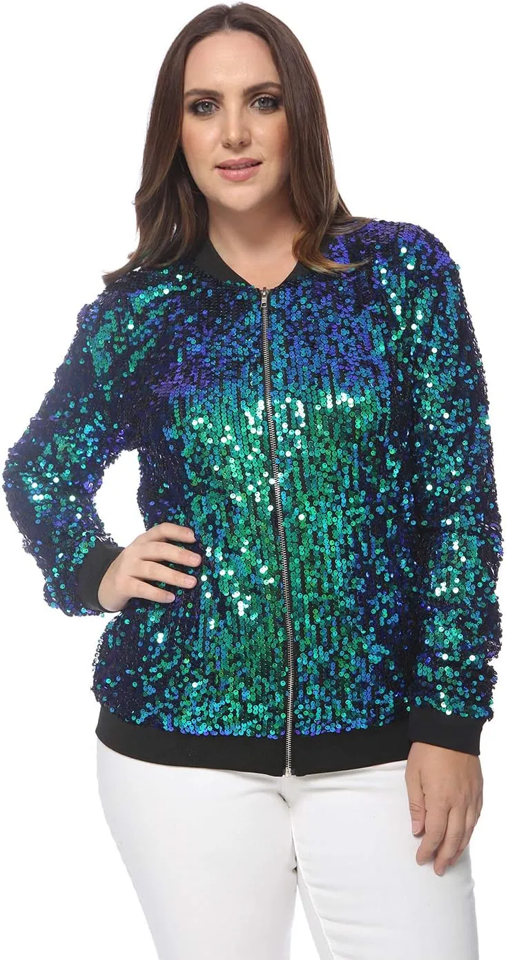 Anna-Kaci Women's Plus Size Sparkly Jacket Long Sleeve Zip Up Sequin Bomber Jacket Coat