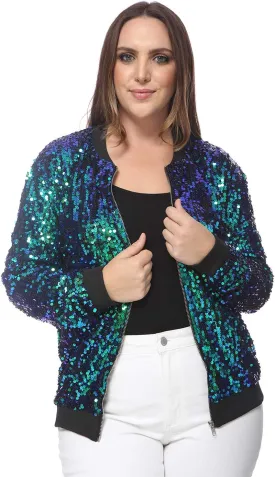 Anna-Kaci Women's Plus Size Sparkly Jacket Long Sleeve Zip Up Sequin Bomber Jacket Coat