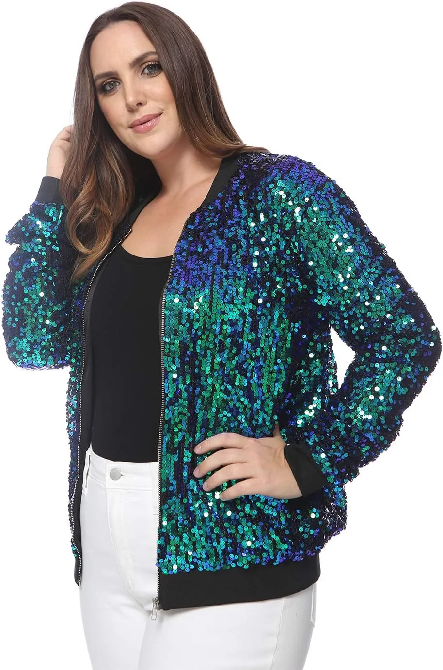 Anna-Kaci Women's Plus Size Sparkly Jacket Long Sleeve Zip Up Sequin Bomber Jacket Coat
