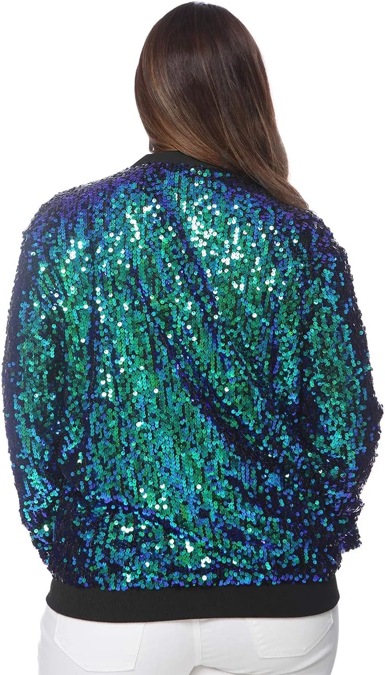 Anna-Kaci Women's Plus Size Sparkly Jacket Long Sleeve Zip Up Sequin Bomber Jacket Coat