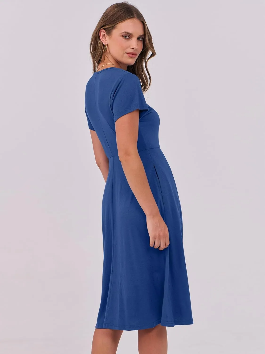 ANRABESS Women Summer Dress Casual Short Sleeve V Neck A-Line Knee Length Pleated Flowy 2025 Fashion Midi Dresses with Pocket