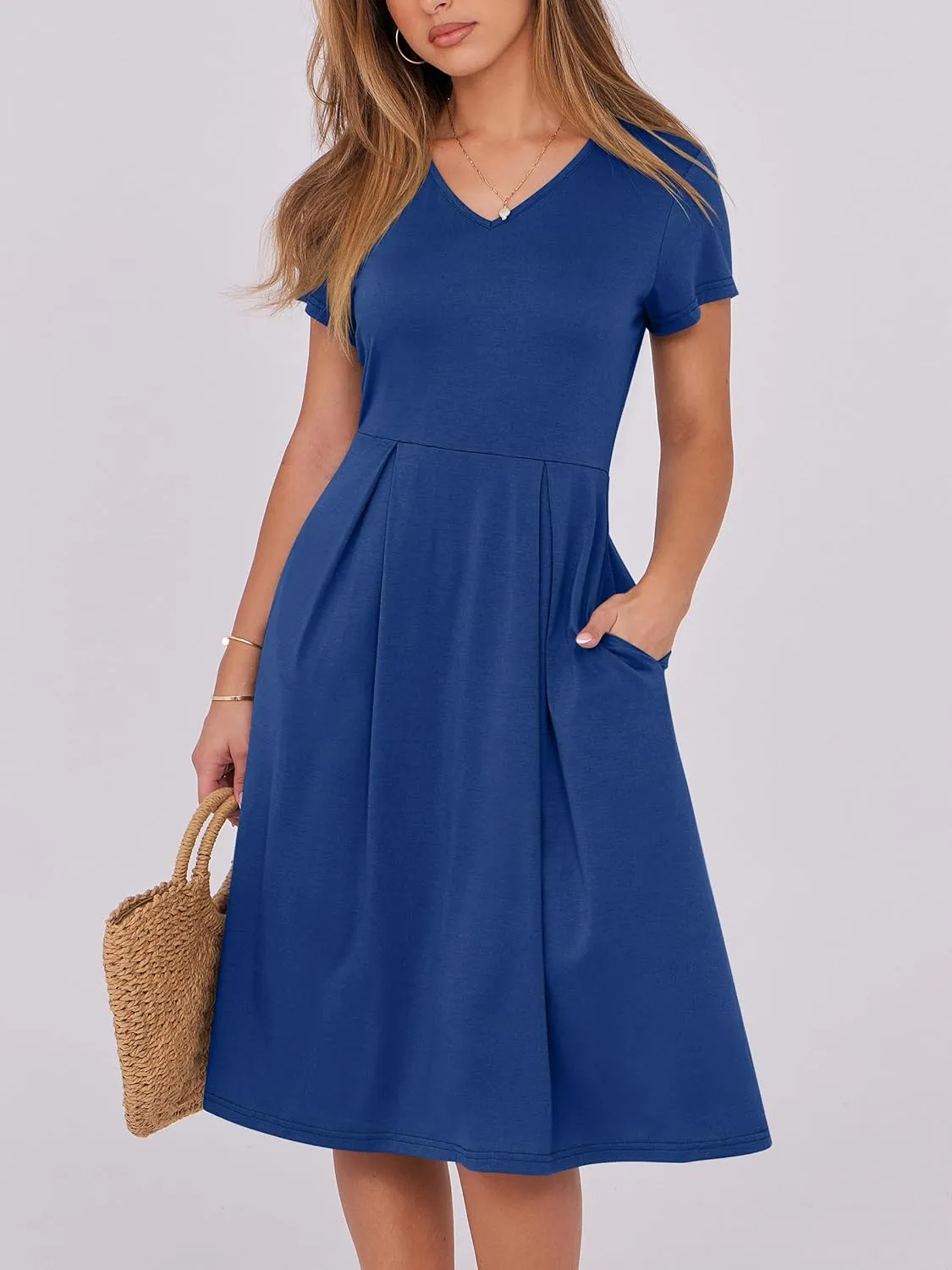 ANRABESS Women Summer Dress Casual Short Sleeve V Neck A-Line Knee Length Pleated Flowy 2025 Fashion Midi Dresses with Pocket
