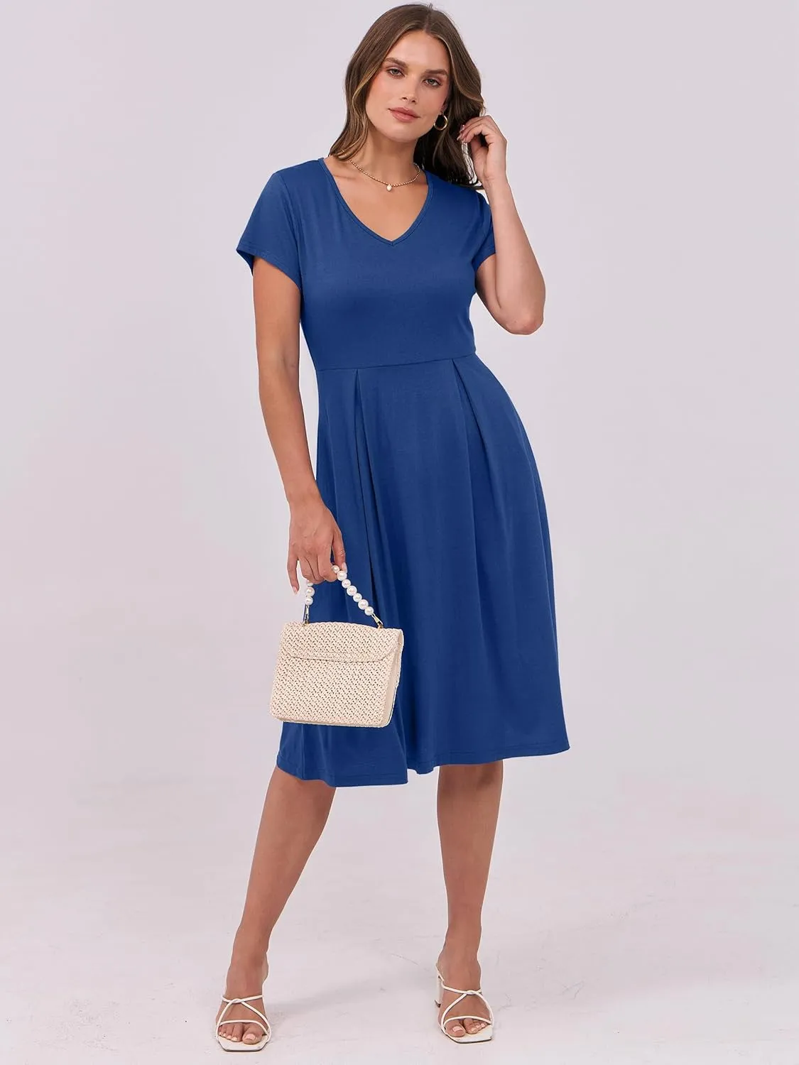 ANRABESS Women Summer Dress Casual Short Sleeve V Neck A-Line Knee Length Pleated Flowy 2025 Fashion Midi Dresses with Pocket