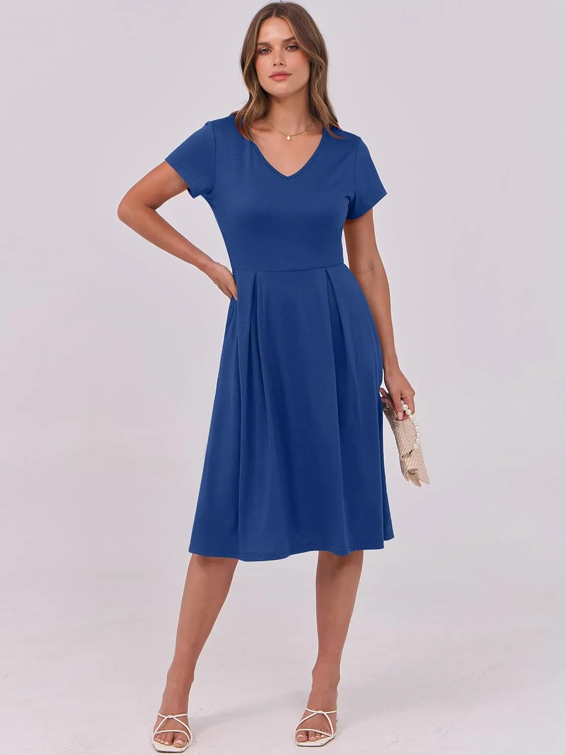 ANRABESS Women Summer Dress Casual Short Sleeve V Neck A-Line Knee Length Pleated Flowy 2025 Fashion Midi Dresses with Pocket
