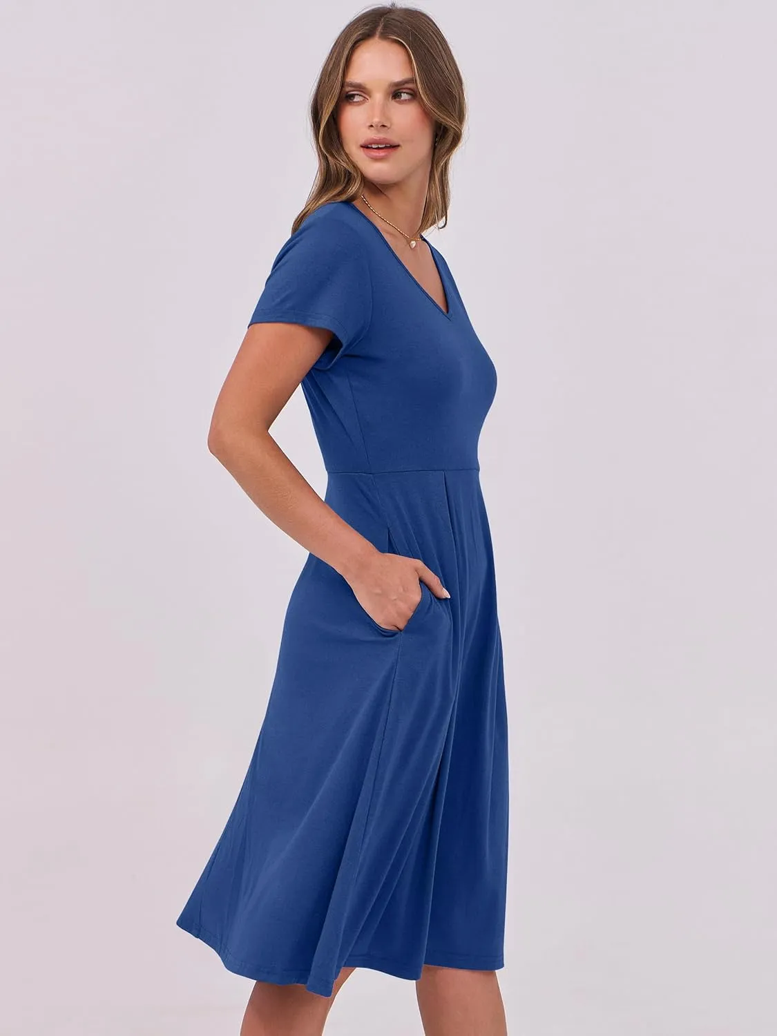 ANRABESS Women Summer Dress Casual Short Sleeve V Neck A-Line Knee Length Pleated Flowy 2025 Fashion Midi Dresses with Pocket