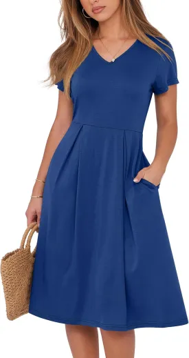 ANRABESS Women Summer Dress Casual Short Sleeve V Neck A-Line Knee Length Pleated Flowy 2025 Fashion Midi Dresses with Pocket