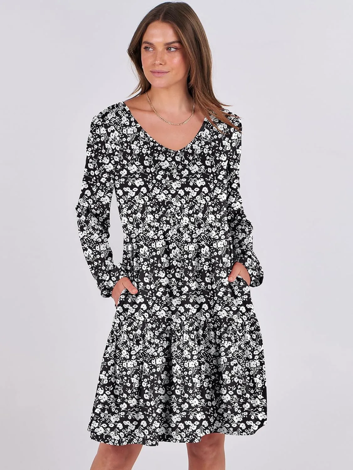 ANRABESS Women's Casual Long Sleeve V Neck Tiered Swing Flowy Loose A-line Cute Mini Short Spring Fall Dress