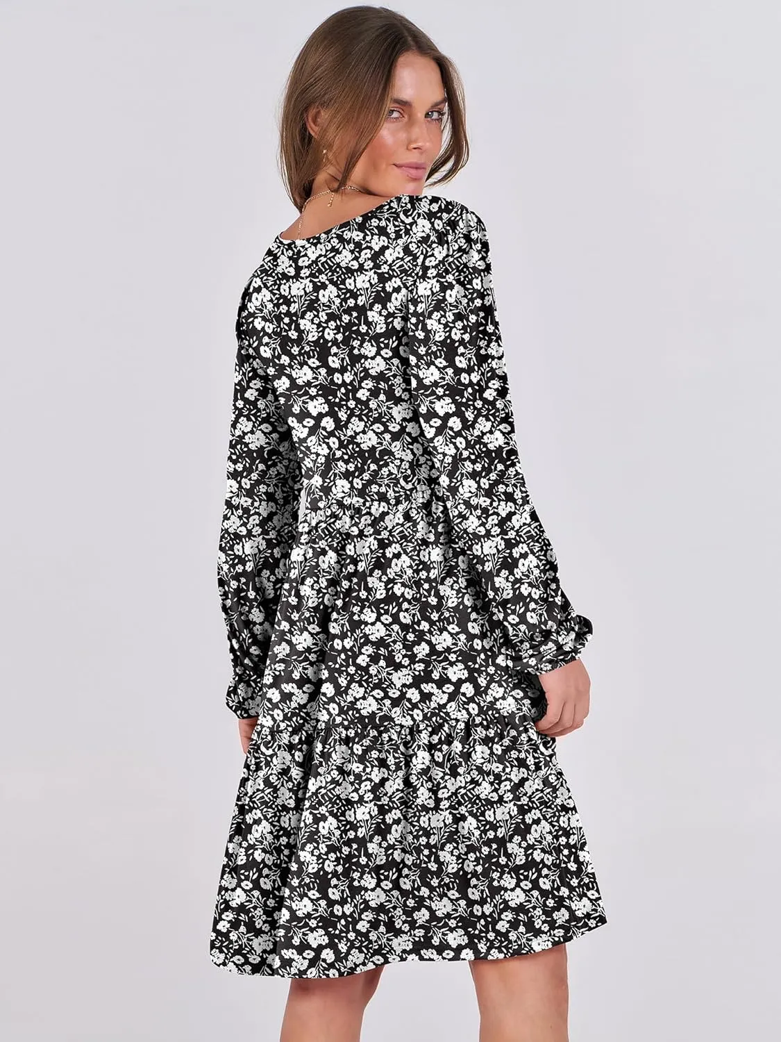 ANRABESS Women's Casual Long Sleeve V Neck Tiered Swing Flowy Loose A-line Cute Mini Short Spring Fall Dress