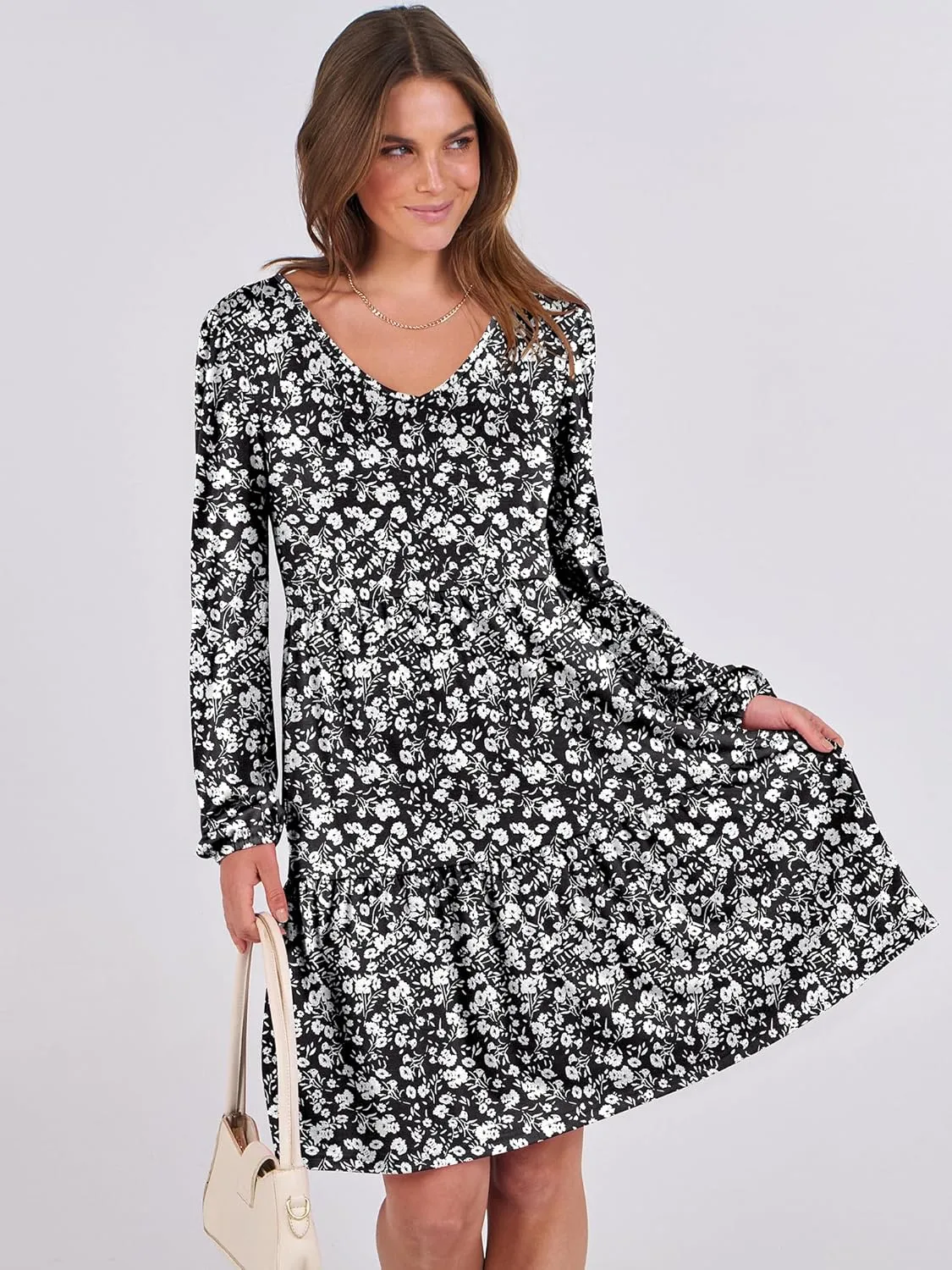 ANRABESS Women's Casual Long Sleeve V Neck Tiered Swing Flowy Loose A-line Cute Mini Short Spring Fall Dress