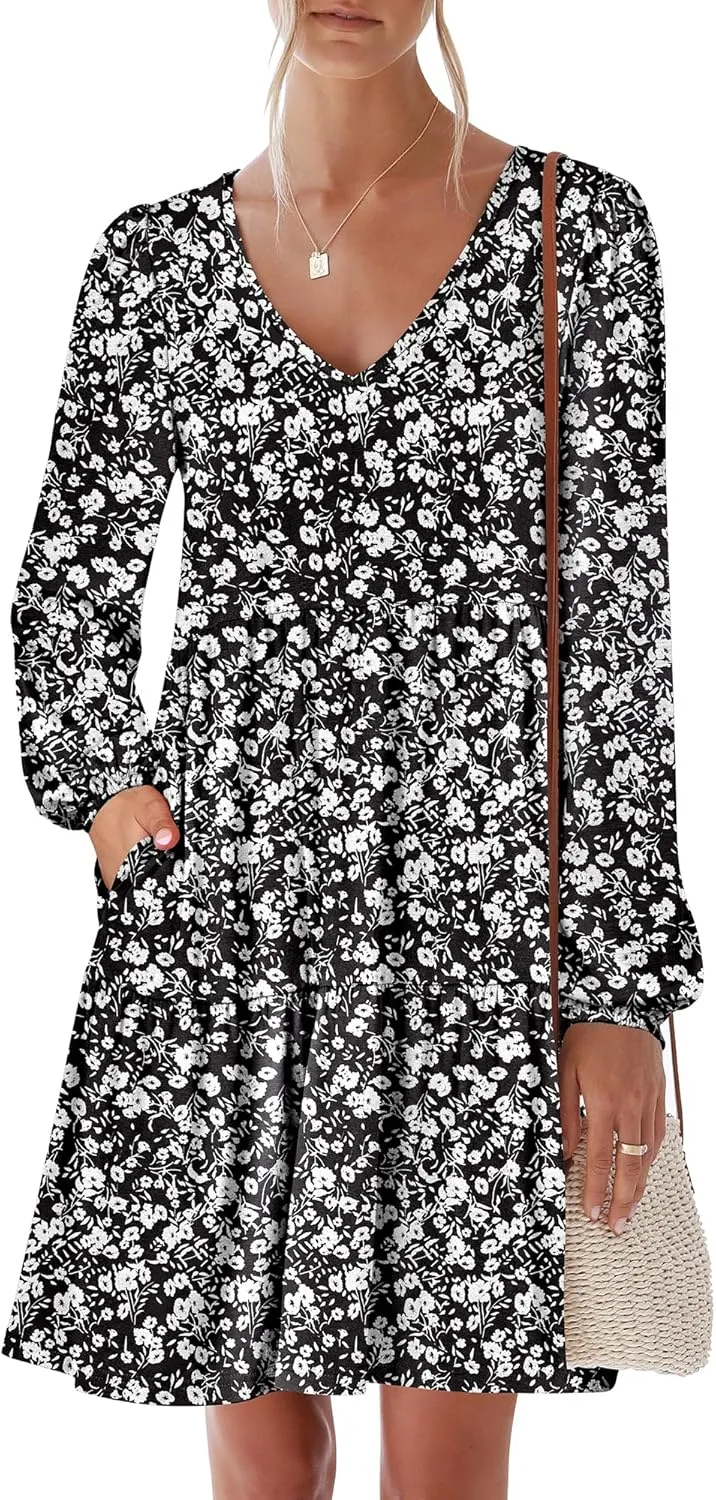 ANRABESS Women's Casual Long Sleeve V Neck Tiered Swing Flowy Loose A-line Cute Mini Short Spring Fall Dress