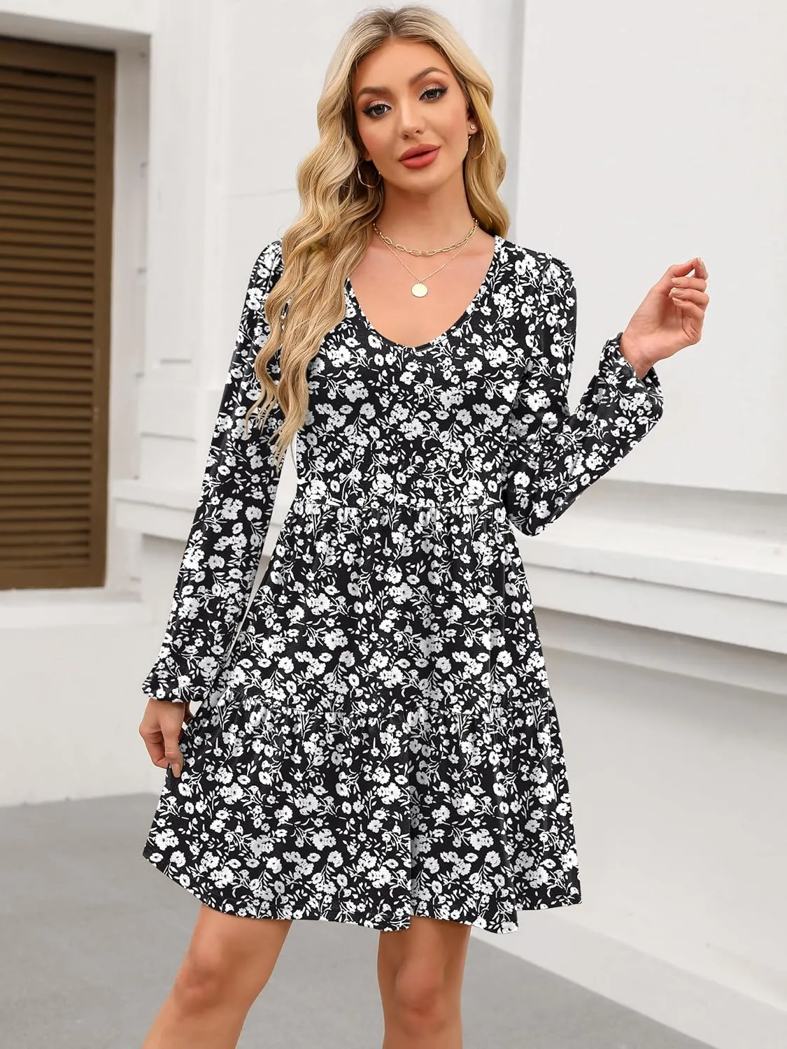 ANRABESS Women's Casual Long Sleeve V Neck Tiered Swing Flowy Loose A-line Cute Mini Short Spring Fall Dress