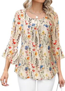 Bebonnie Women's Ruffle 3/4 Sleeve Elegant Dressy Blouses Crew Neck Double Layers Mesh Tunic Tops