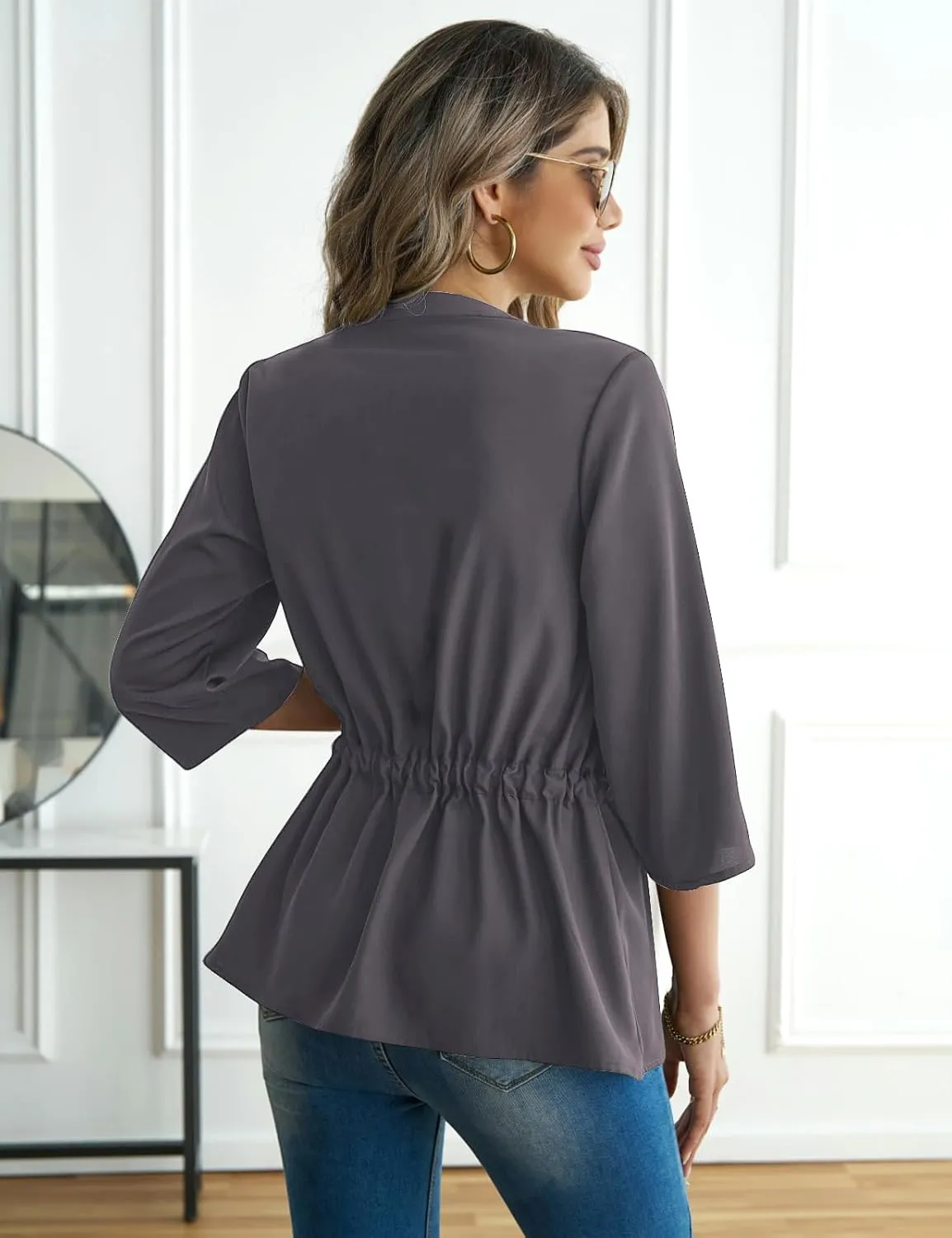 CiCiBird Womens Dressy 3/4 Sleeve Shirt Casual Zip Blouse Work Business Peplum Tops