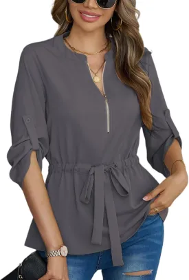 CiCiBird Womens Dressy 3/4 Sleeve Shirt Casual Zip Blouse Work Business Peplum Tops