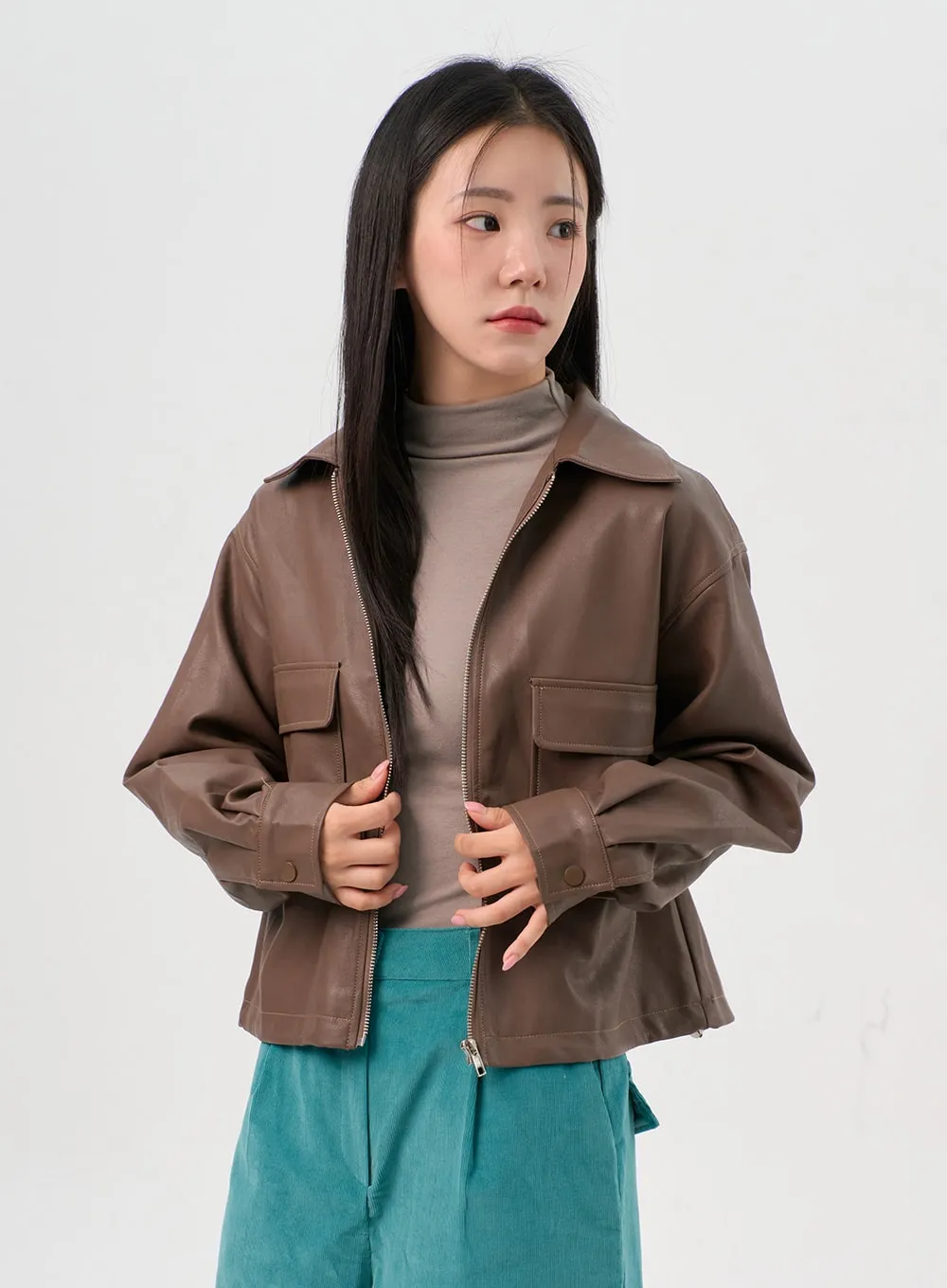 Classic Collar Faux Leather Jacket OS302