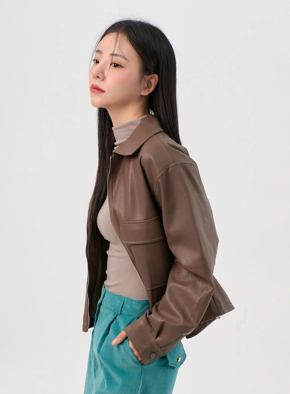 Classic Collar Faux Leather Jacket OS302