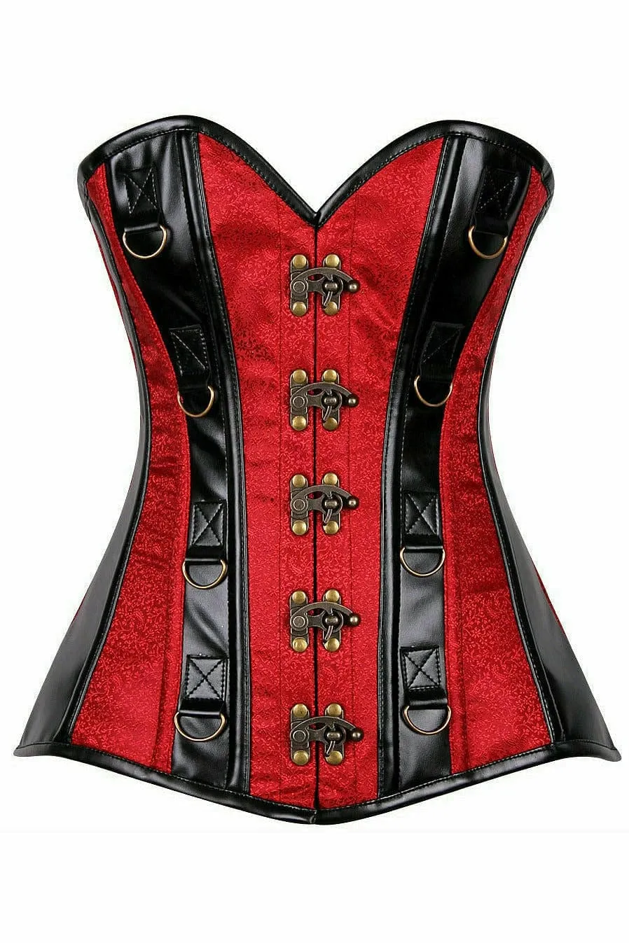 Deluxe Wine Brocade & Faux Leather Steel Boned Corset