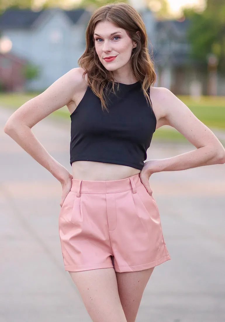 Dusty Pink Women's High Waisted PU Leather Shorts Stretch Pocket Pleat Shorts