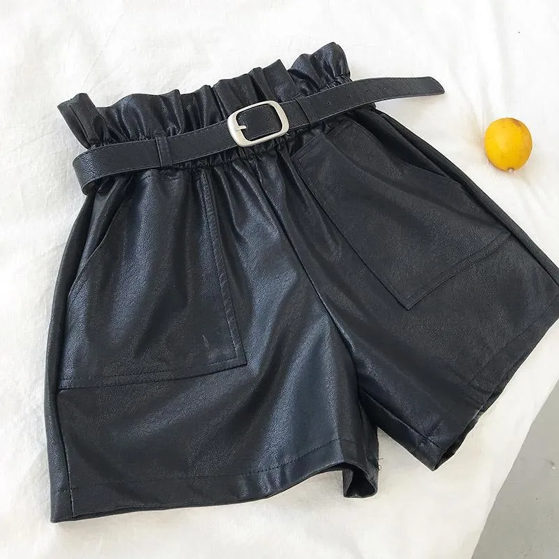 Elastic Waist Double Pocket Loose Leather Shorts