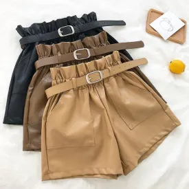 Elastic Waist Double Pocket Loose Leather Shorts