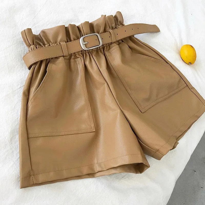Elastic Waist Double Pocket Loose Leather Shorts