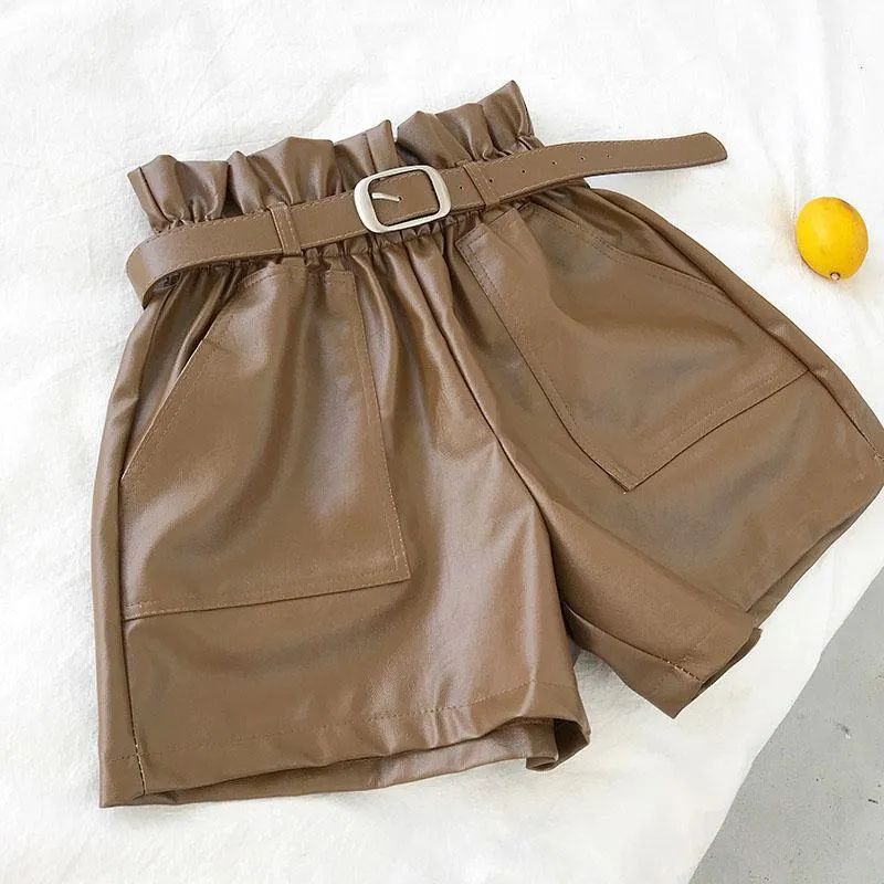 Elastic Waist Double Pocket Loose Leather Shorts