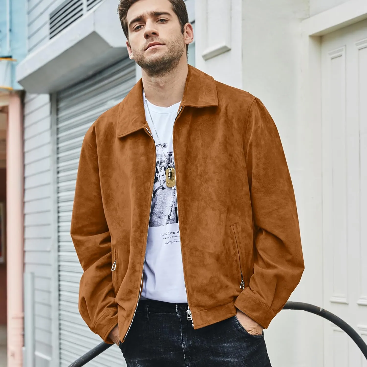 FLAVOR Men's Suede Leather Bomber Jacket Casual Coat for Men