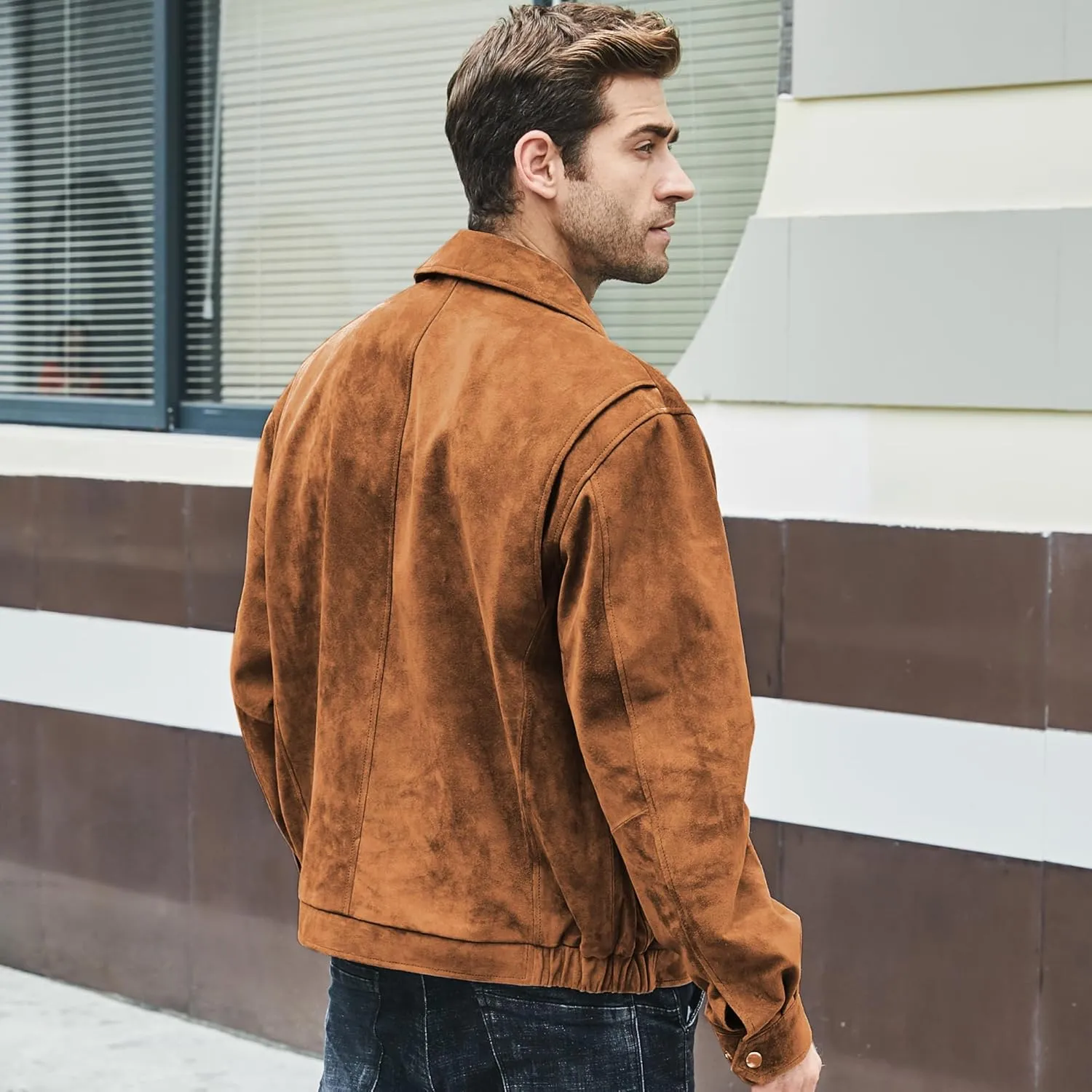 FLAVOR Men's Suede Leather Bomber Jacket Casual Coat for Men
