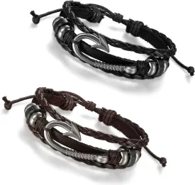 Flongo Men's Womens 2PCS Tribal Nautical Fish Hook Leather Wrap Bangle Cuff Bracelet, Fit 8-10 inch Wrist, Braided Wrap Rope Wristband for Men Women