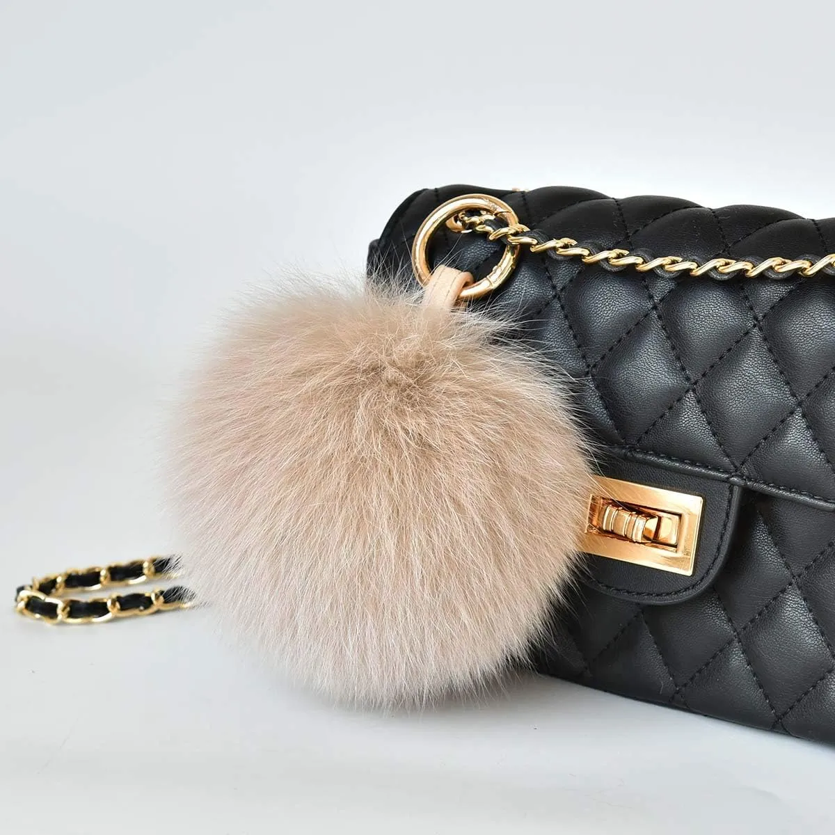 Genuine Fox Fur Pom Pom Keychain Bag Purse Charm large Fluffy Fur Ball Keychains