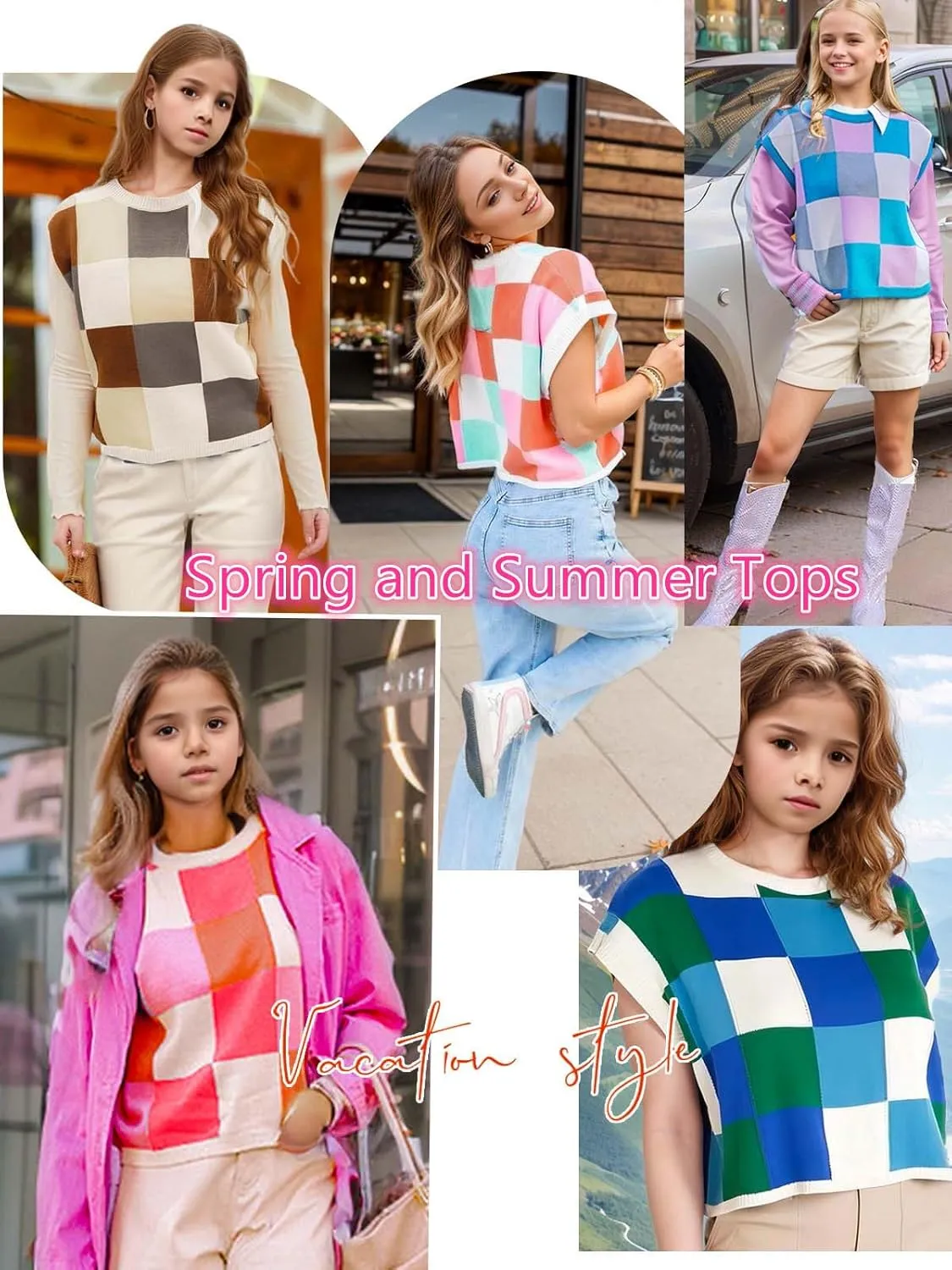 Girls Summer Crop Tops Spring Vest Cute Tanks Cap Sleeve Colorblock Tee Loose Kids Fall Knit Top