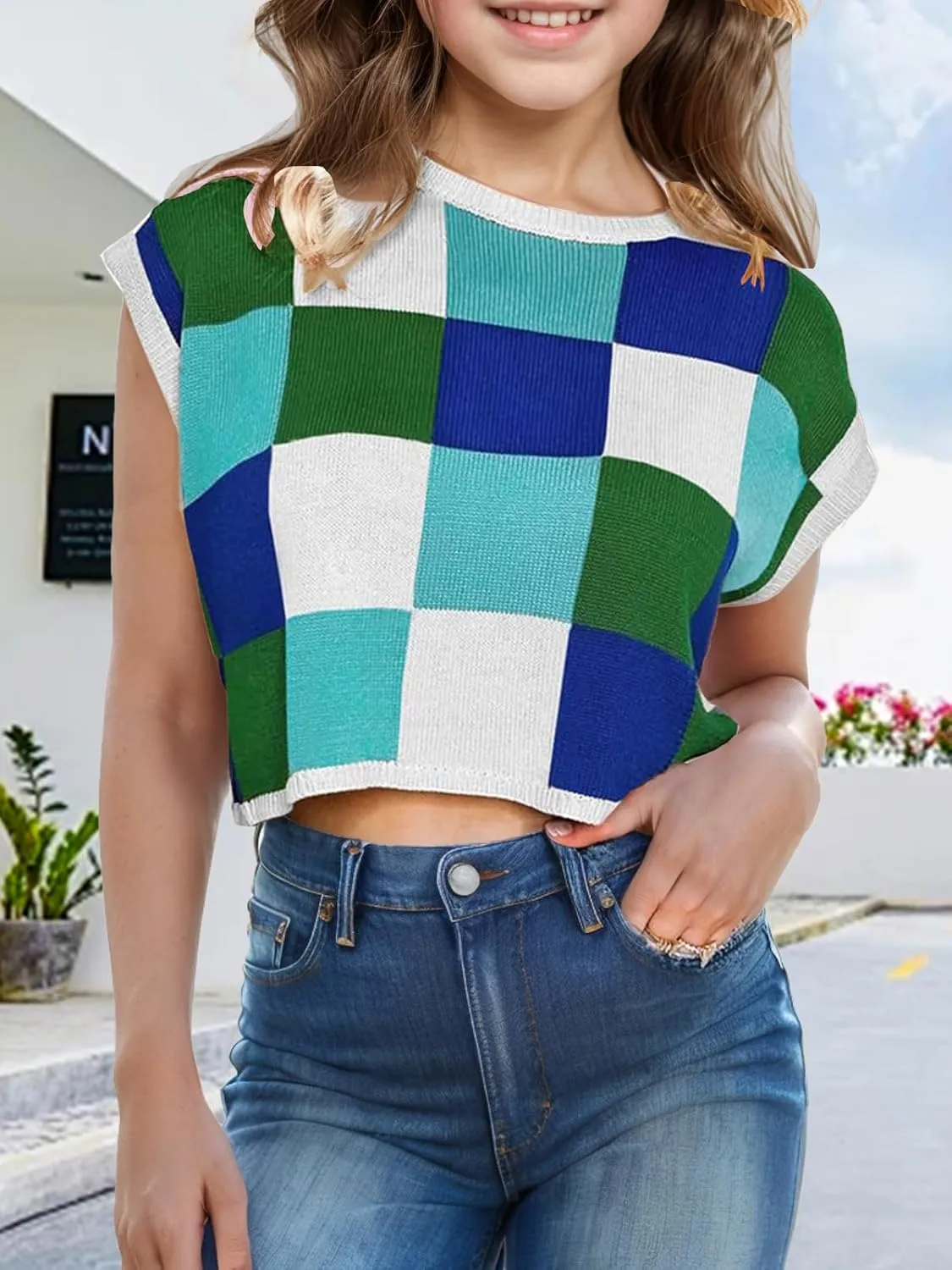 Girls Summer Crop Tops Spring Vest Cute Tanks Cap Sleeve Colorblock Tee Loose Kids Fall Knit Top