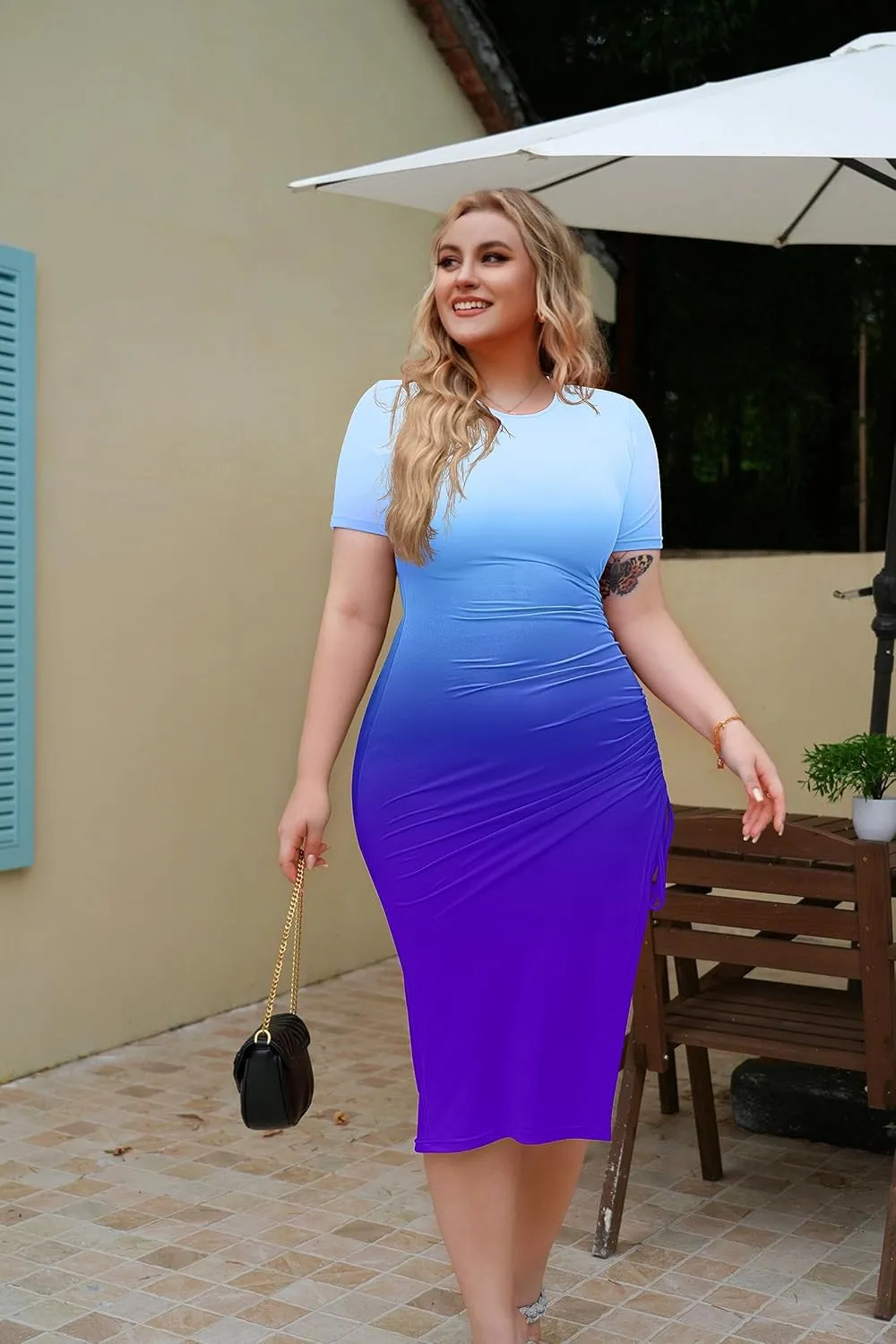 GOKATOSAU Women's Sexy Bodycon Short Sleeve Slit Ruched Summer Club Party Midi Dress