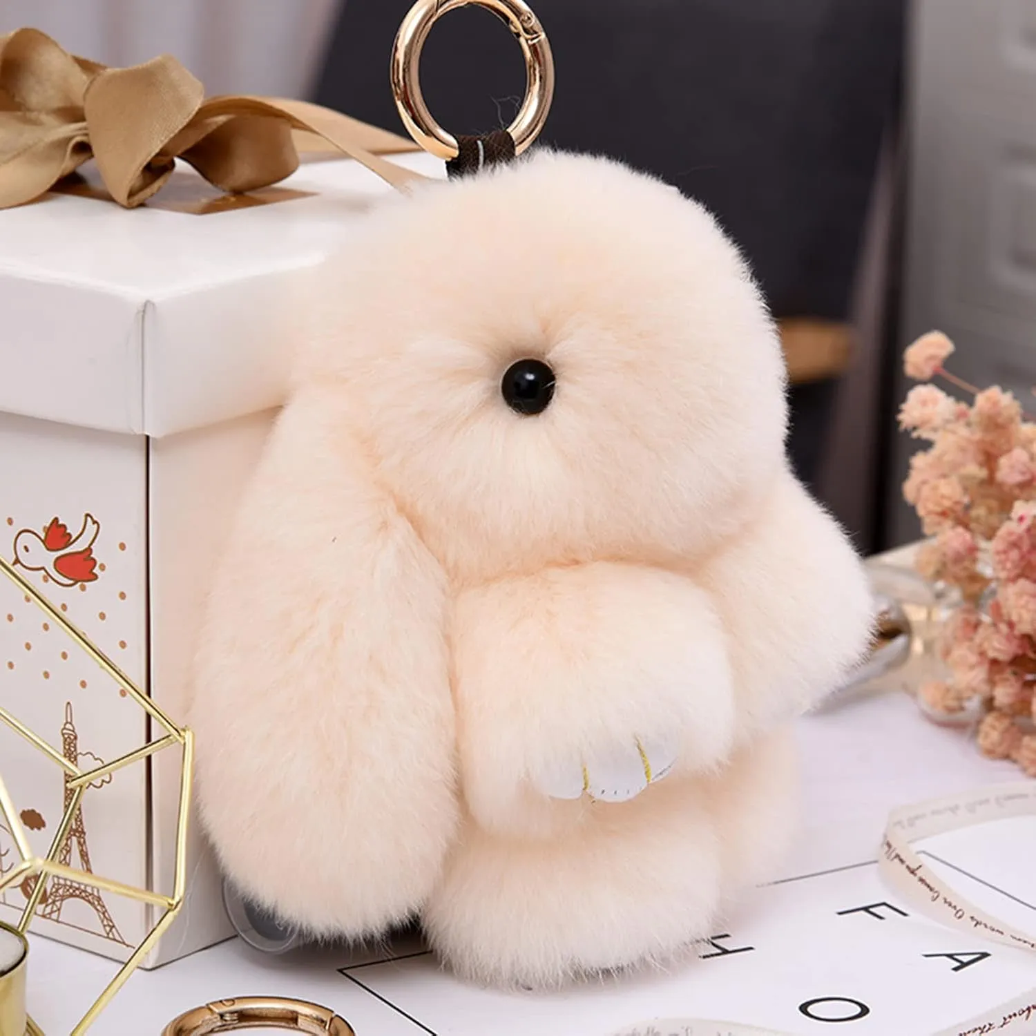 HXINFU Soft Cute Rabbit Fur Pom Pom Keychain Fluffy Real Rex Bunny Keychain Decoration
