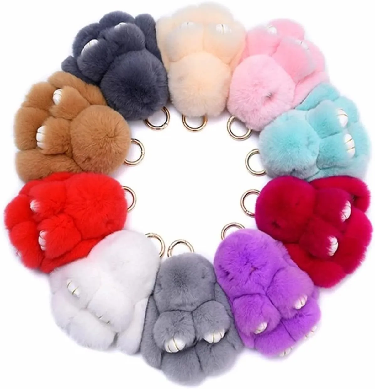 HXINFU Soft Cute Rabbit Fur Pom Pom Keychain Fluffy Real Rex Bunny Keychain Decoration