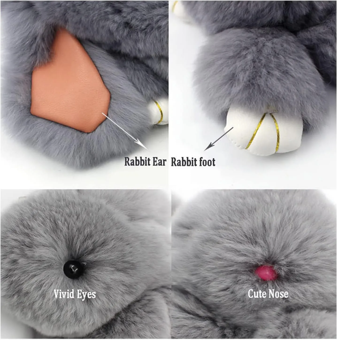 HXINFU Soft Cute Rabbit Fur Pom Pom Keychain Fluffy Real Rex Bunny Keychain Decoration