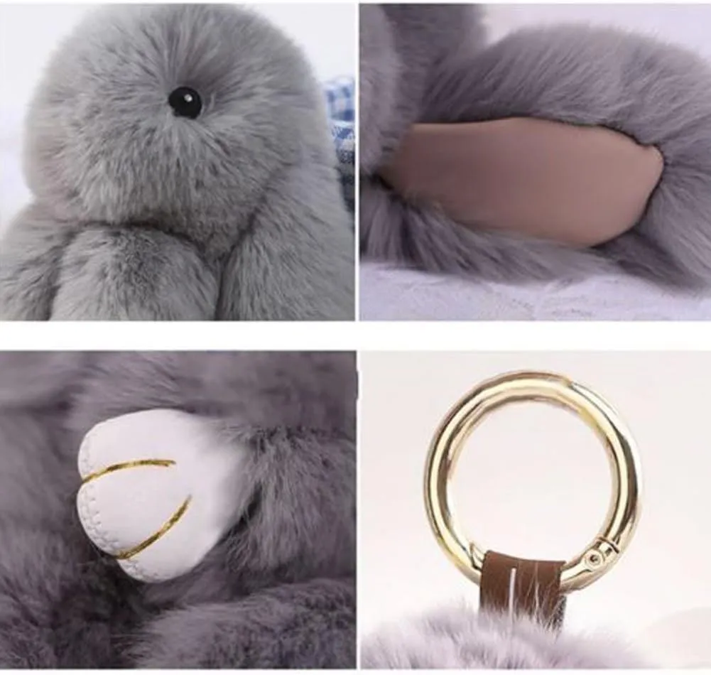 HXINFU Soft Cute Rabbit Fur Pom Pom Keychain Fluffy Real Rex Bunny Keychain Decoration