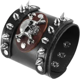 HZMAN Men's Metal Rivet Skull Leather Bracelet Punk Rock Bike Style Wristband Adjustable