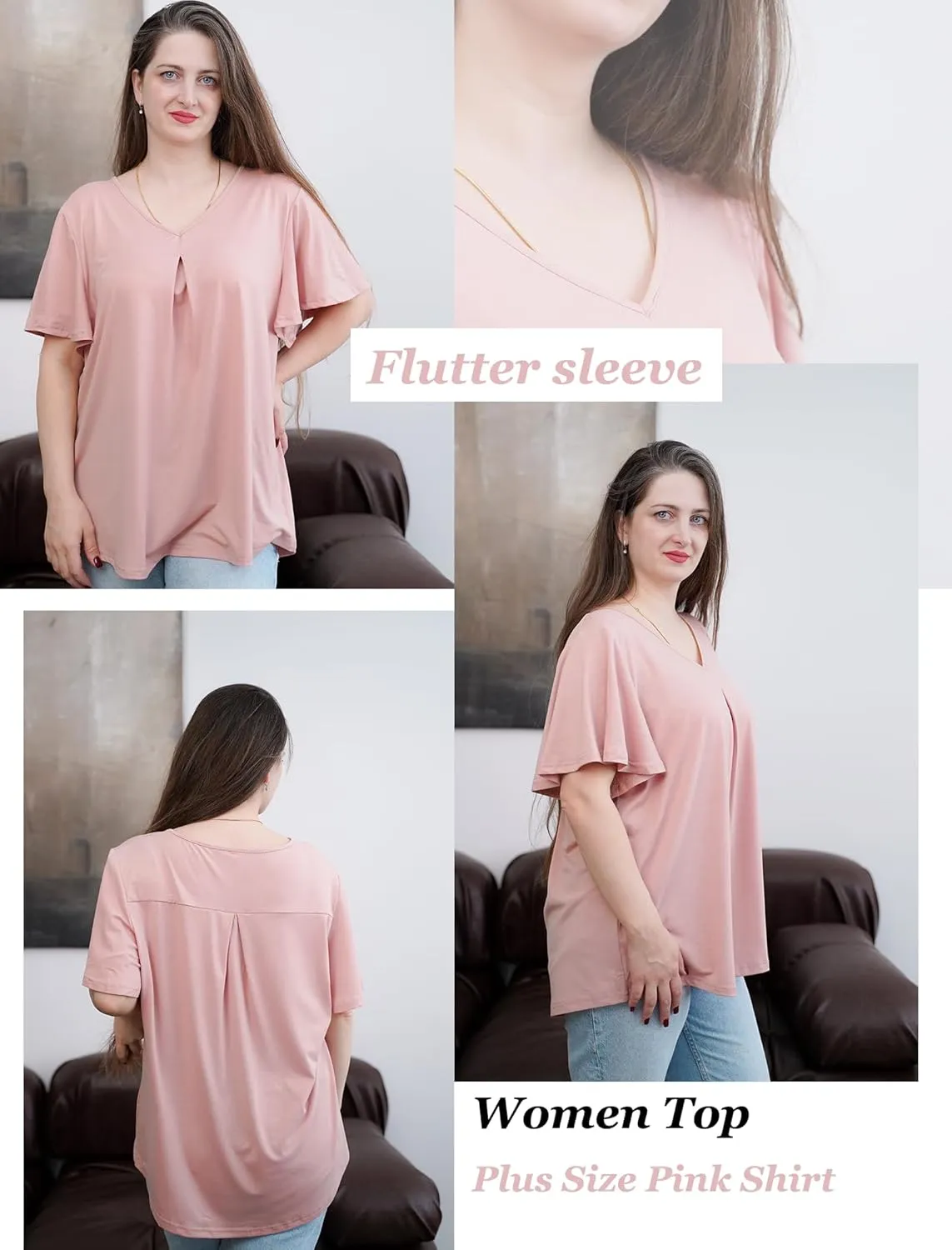 IN'VOLAND Womens Plus Size Tops Summer Short Sleeve Tunic V Neck Dressy Flutter Sleeve Blouses Work Tops Casual T-Shirts