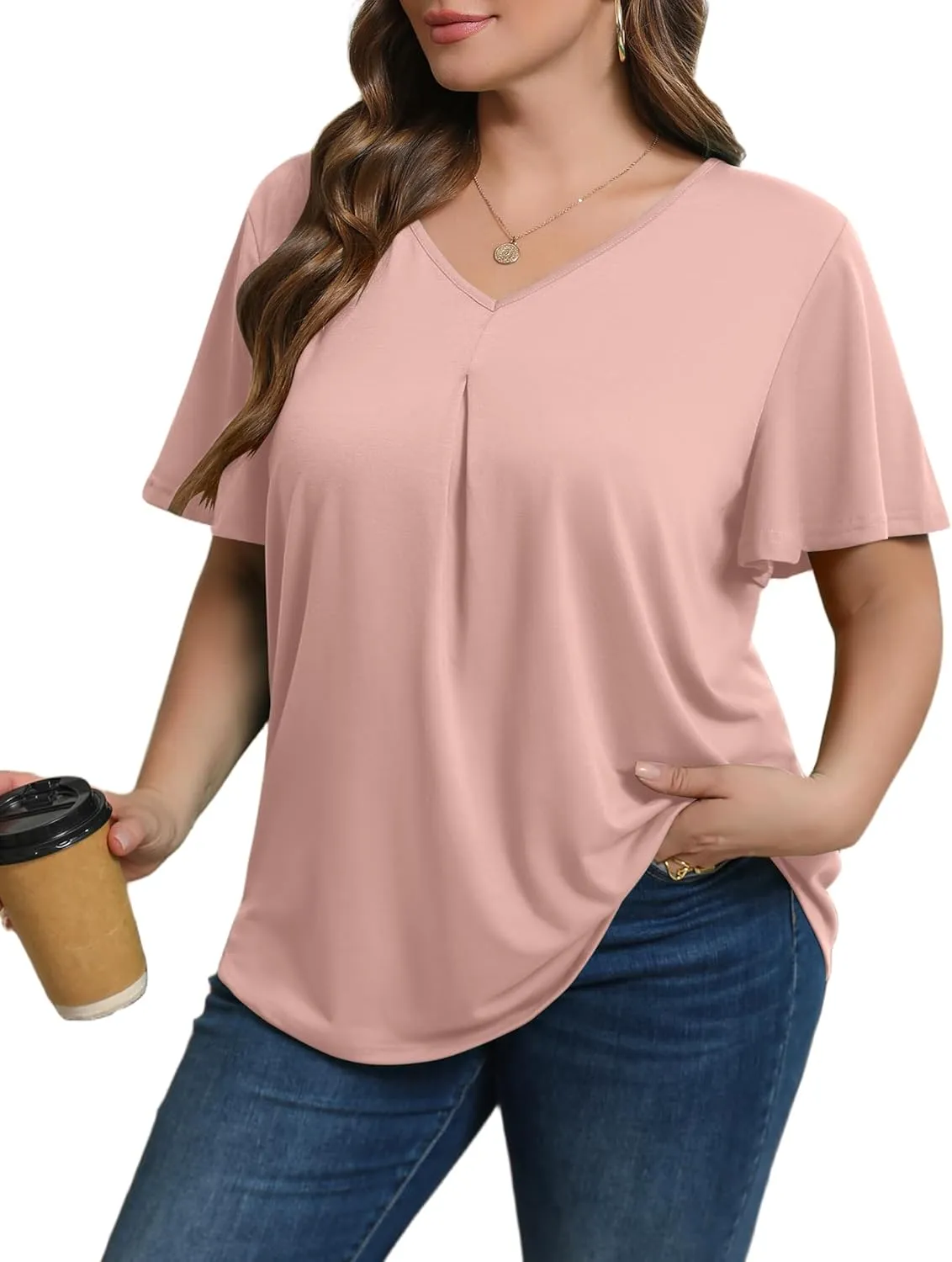 IN'VOLAND Womens Plus Size Tops Summer Short Sleeve Tunic V Neck Dressy Flutter Sleeve Blouses Work Tops Casual T-Shirts