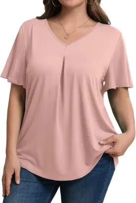 IN'VOLAND Womens Plus Size Tops Summer Short Sleeve Tunic V Neck Dressy Flutter Sleeve Blouses Work Tops Casual T-Shirts