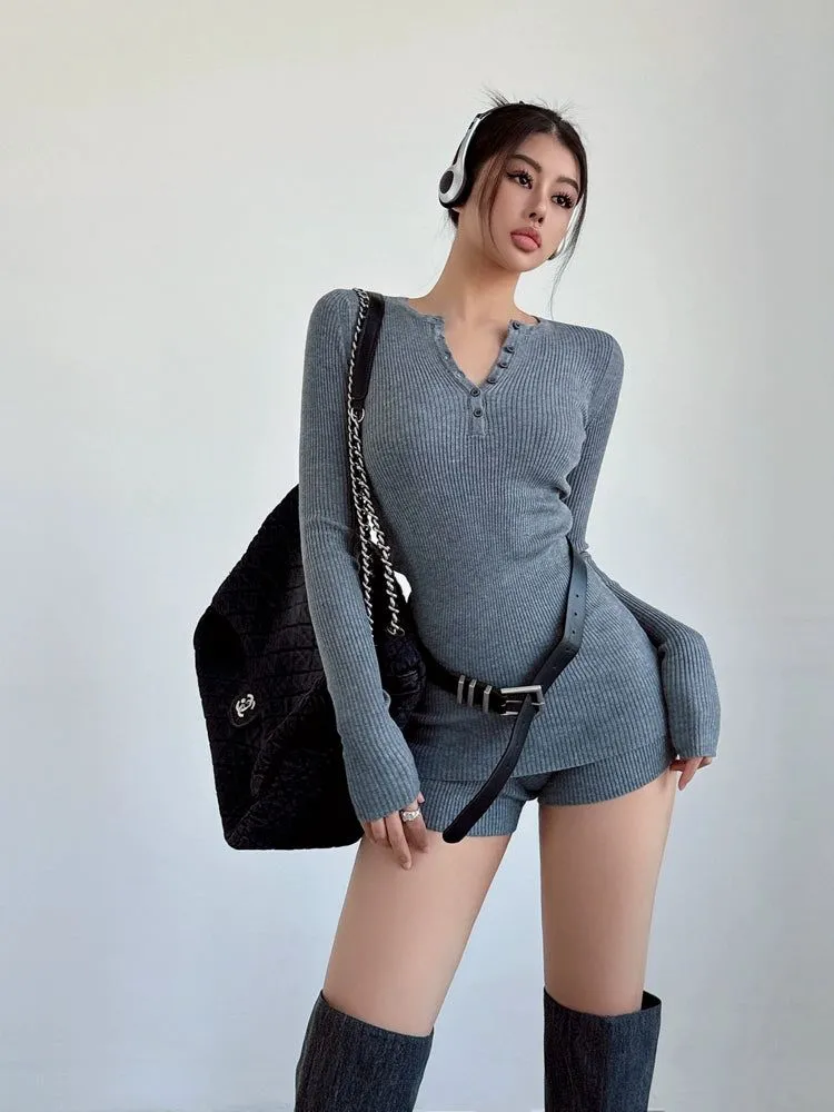 Livia Half-Buttons Knit Belted Long Sleeve T-Shirt & Slim Fit Shorts Set