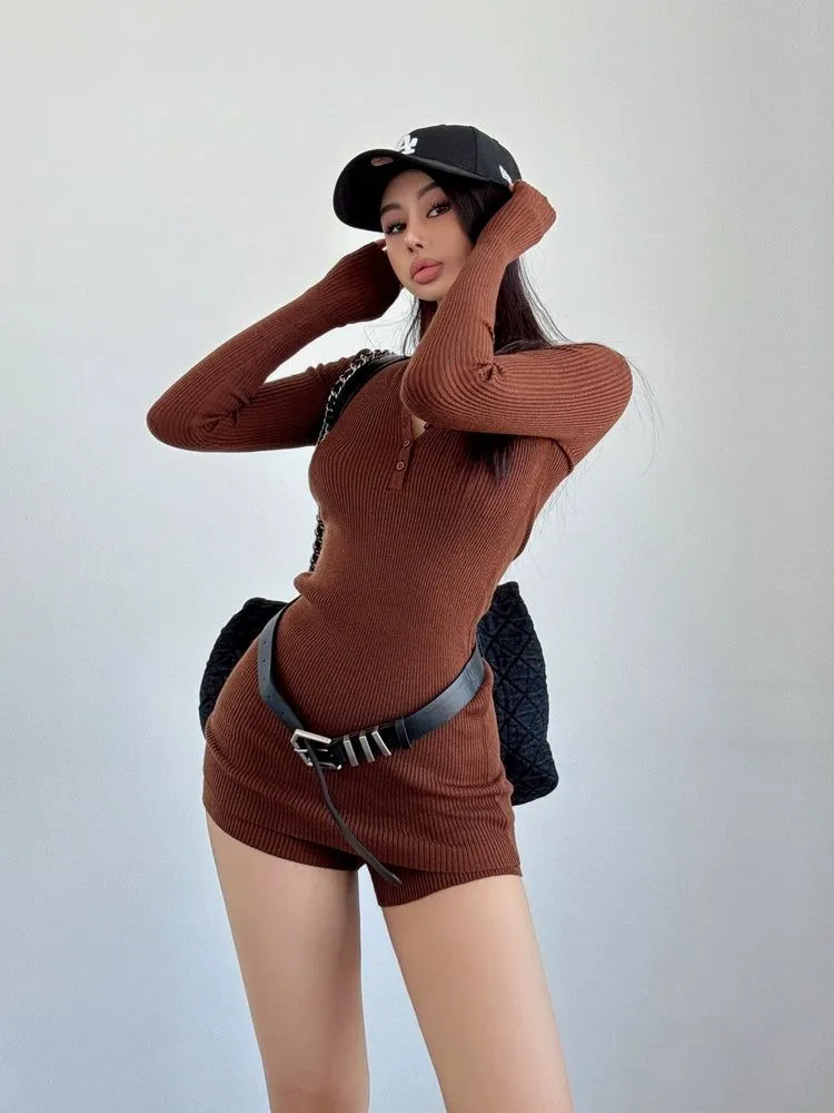 Livia Half-Buttons Knit Belted Long Sleeve T-Shirt & Slim Fit Shorts Set