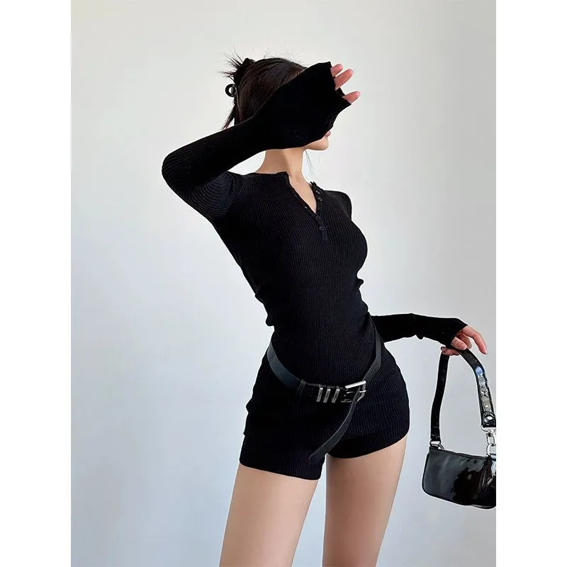 Livia Half-Buttons Knit Belted Long Sleeve T-Shirt & Slim Fit Shorts Set