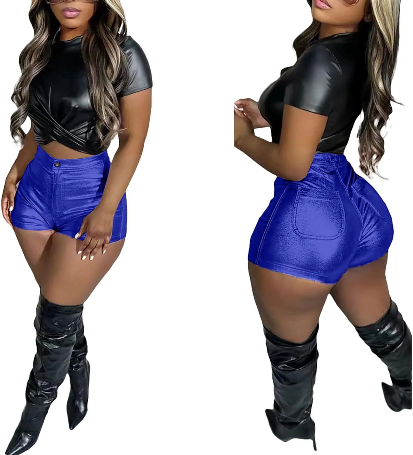 LKOUS Women's Faux Leather Shorts, Casual High Waisted Stretch PU Short Pants