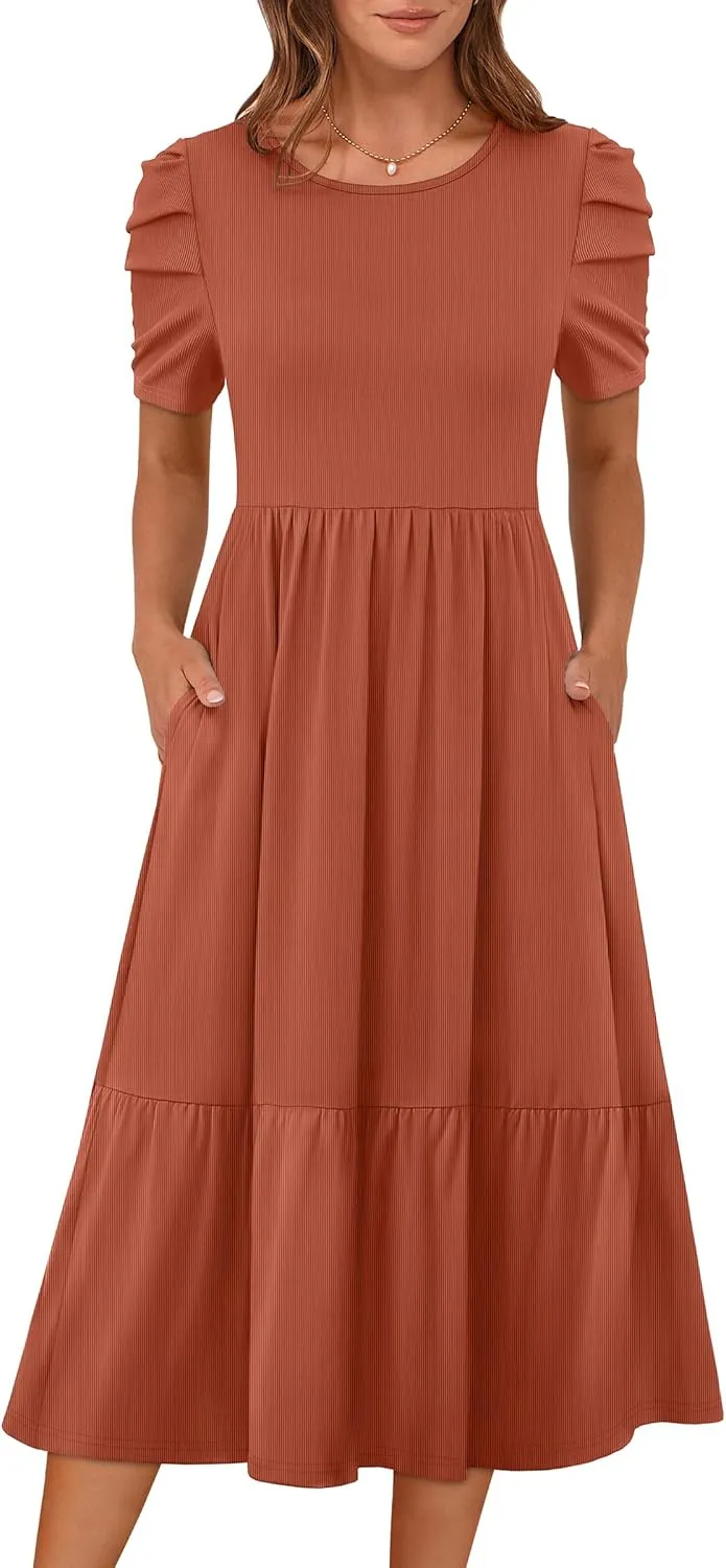 LOGENE Women's Summer Puff Short Sleeve A-Line Midi Dresses Casual Rib Knit T-Shirt Dress Flowy Beach Sundress with Pockets