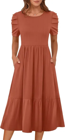 LOGENE Women's Summer Puff Short Sleeve A-Line Midi Dresses Casual Rib Knit T-Shirt Dress Flowy Beach Sundress with Pockets